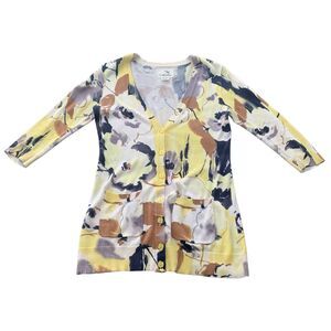 TABITHA Anthropologie Yellow Floral V Neck Cardigan SWEATER sz S